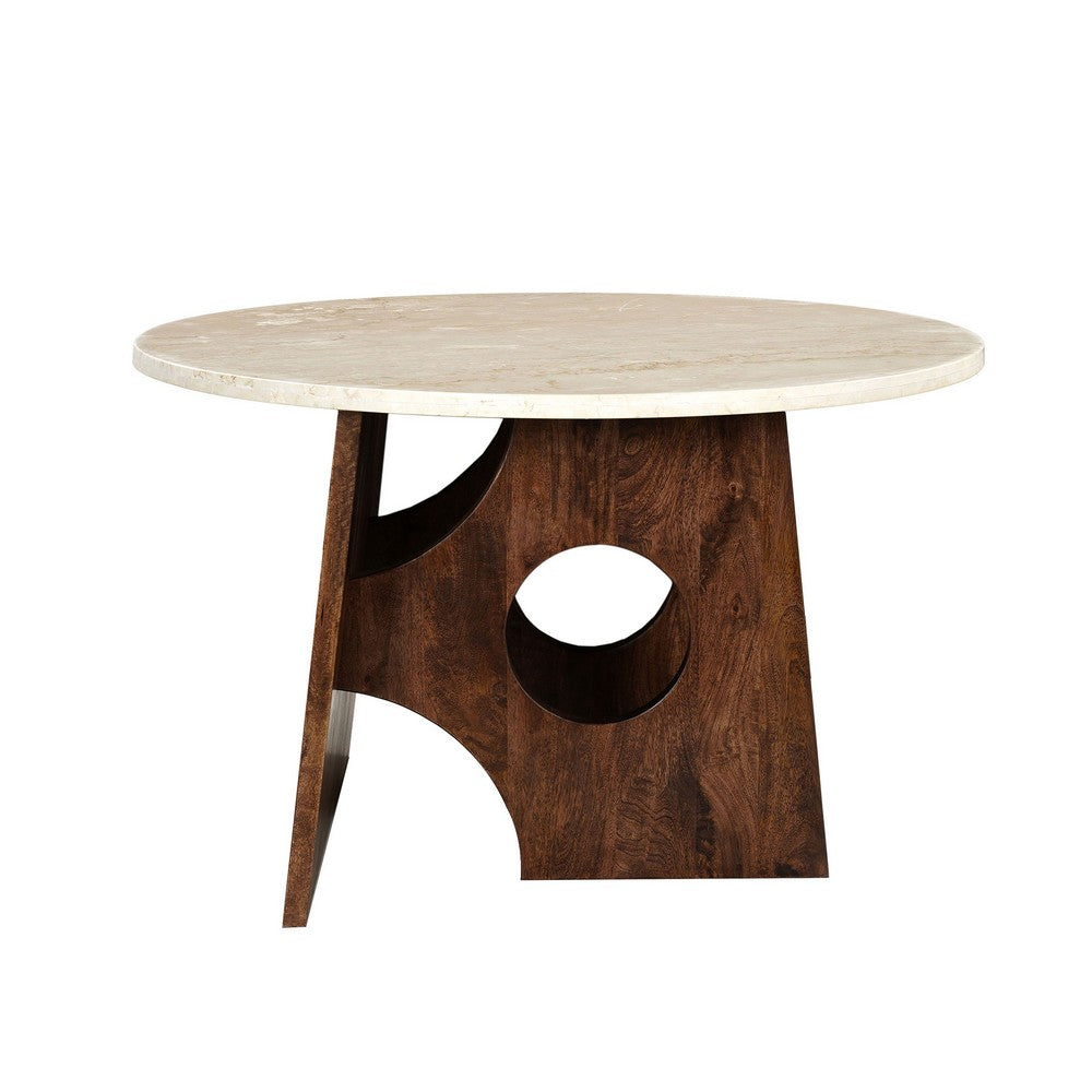 Kali Dining Table | 48" Natural Round Marble Tabletop | Dark Brown Mango Wood Sculptural Pedestal Base By The Urban Port