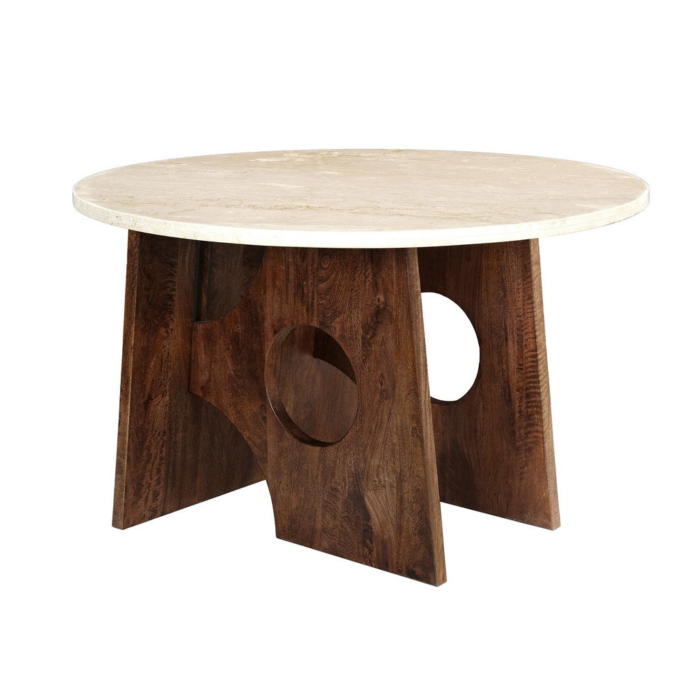 Kali Dining Table | 48" Natural Round Marble Tabletop | Dark Brown Mango Wood Sculptural Pedestal Base By The Urban Port