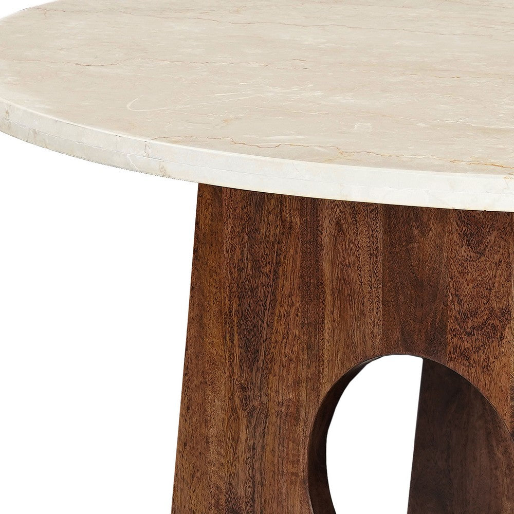 Kali Dining Table | 48" Natural Round Marble Tabletop | Dark Brown Mango Wood Sculptural Pedestal Base By The Urban Port