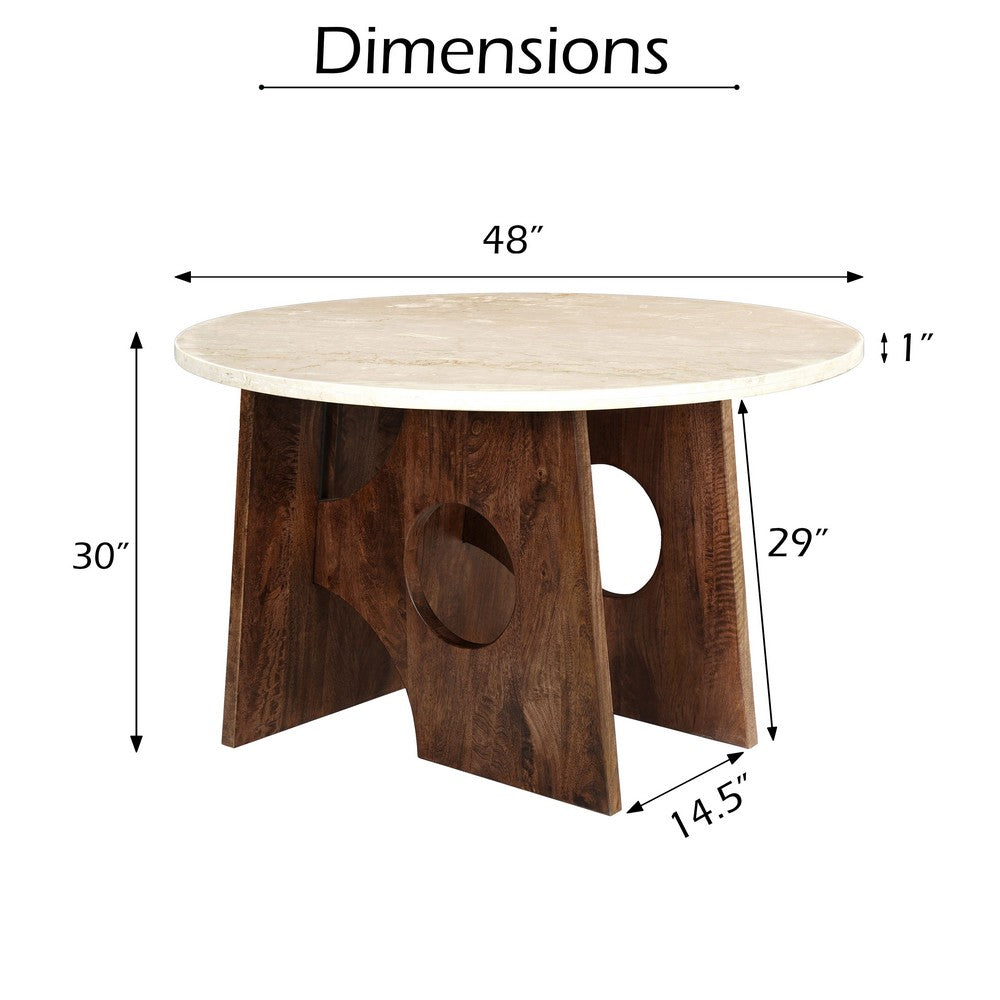 Kali Dining Table | 48" Natural Round Marble Tabletop | Dark Brown Mango Wood Sculptural Pedestal Base By The Urban Port