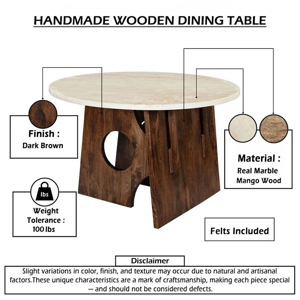 Kali Dining Table | 48" Natural Round Marble Tabletop | Dark Brown Mango Wood Sculptural Pedestal Base By The Urban Port