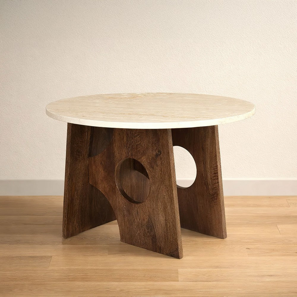 Kali Dining Table | 48" Natural Round Marble Tabletop | Dark Brown Mango Wood Sculptural Pedestal Base By The Urban Port