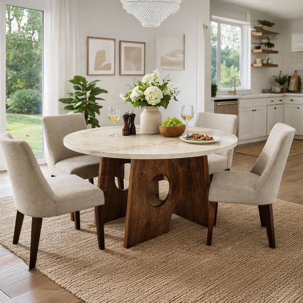 Kali Dining Table | 48" Natural Round Marble Tabletop | Dark Brown Mango Wood Sculptural Pedestal Base By The Urban Port