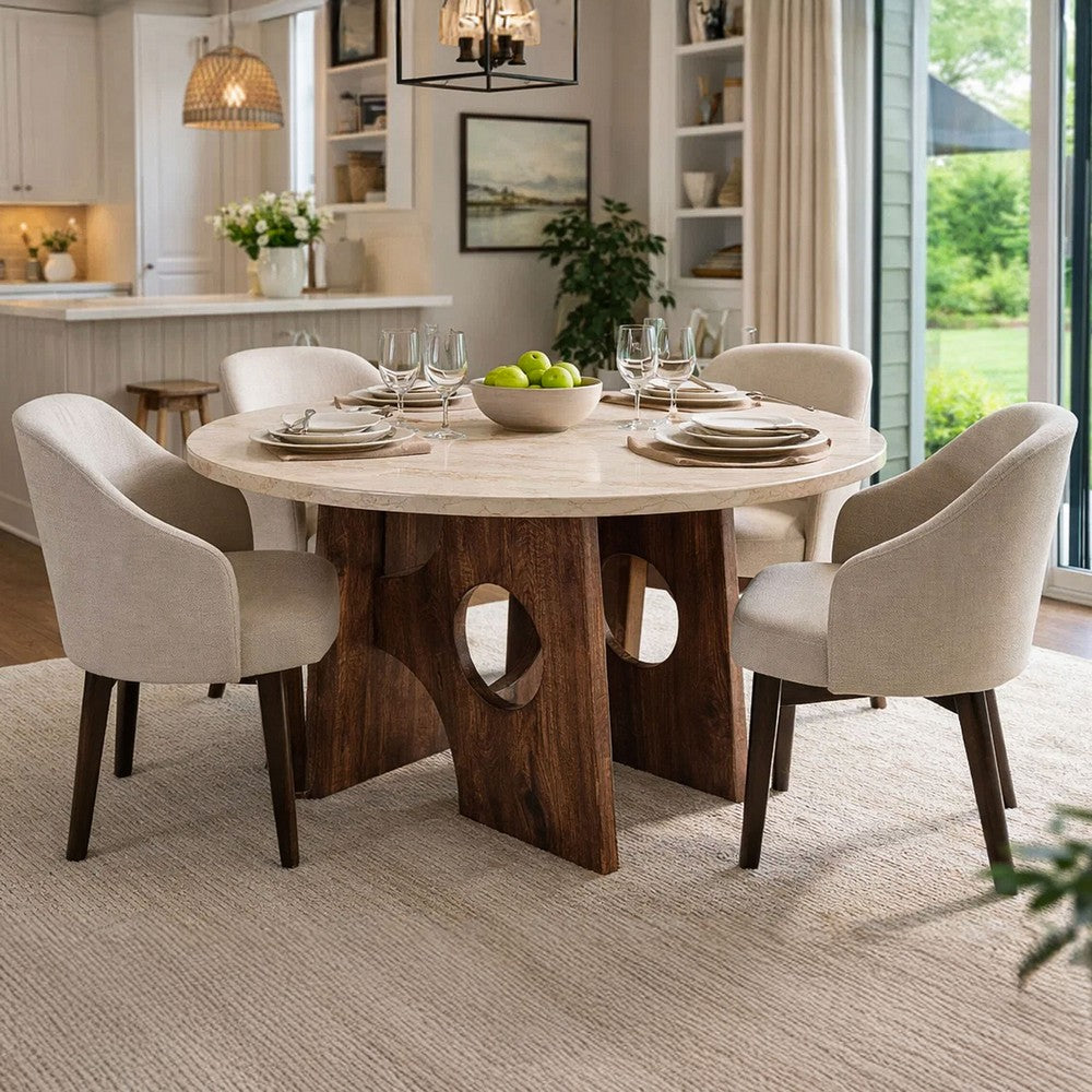 Kali Dining Table | 48" Natural Round Marble Tabletop | Dark Brown Mango Wood Sculptural Pedestal Base By The Urban Port