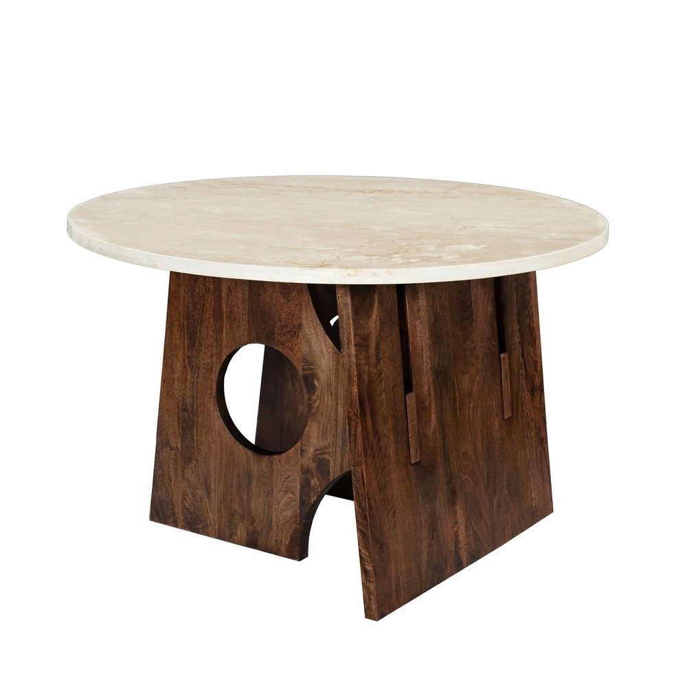 Kali Dining Table | 48" Natural Round Marble Tabletop | Dark Brown Mango Wood Sculptural Pedestal Base By The Urban Port