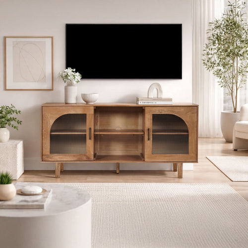 64 Inch James TV Stand Console, 2 Arch Glass Door Cabinets & Shelves, Walnut Brown Mango Wood By The Urban Port