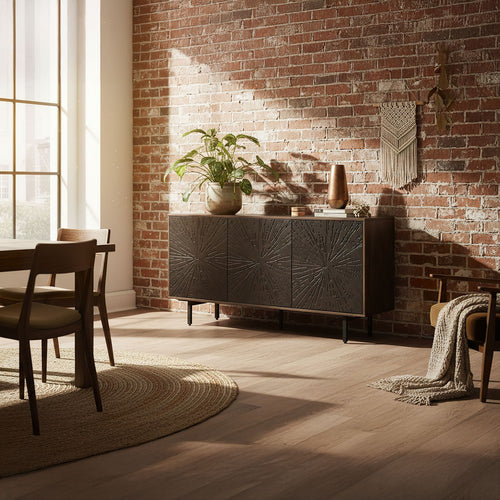 64 Inch Cosmo TV Stand Console, 3-Door Cabinet, Dark Walnut Brown & Black Mango Wood By The Urban Port