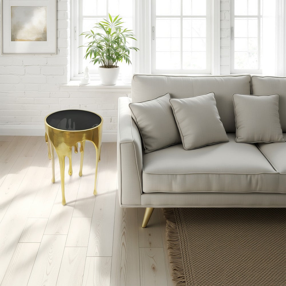 Capri Side End Table | 24.75 Inch Round Glass Top | Melting Drip Design |  Antique Gold By The Urban Port