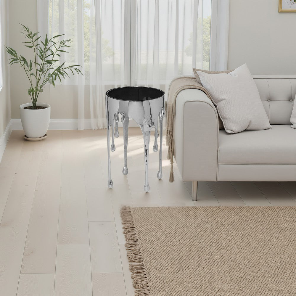 Capri Side End Table | 24.75 Inch Round Glass Top | Melting Drip Design | Silver By The Urban Port UPT-332446