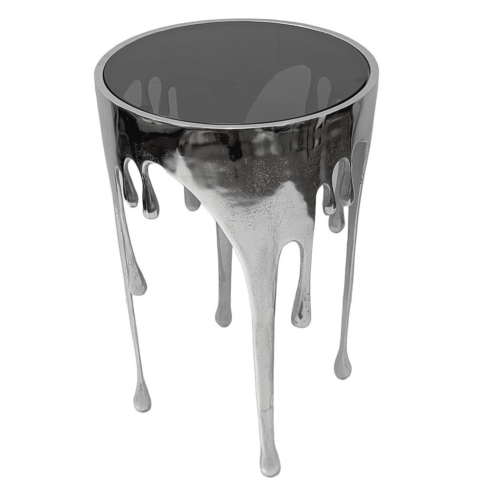 Capri Side End Table | 24.75 Inch Round Glass Top | Melting Drip Design | Silver By The Urban Port UPT-332446