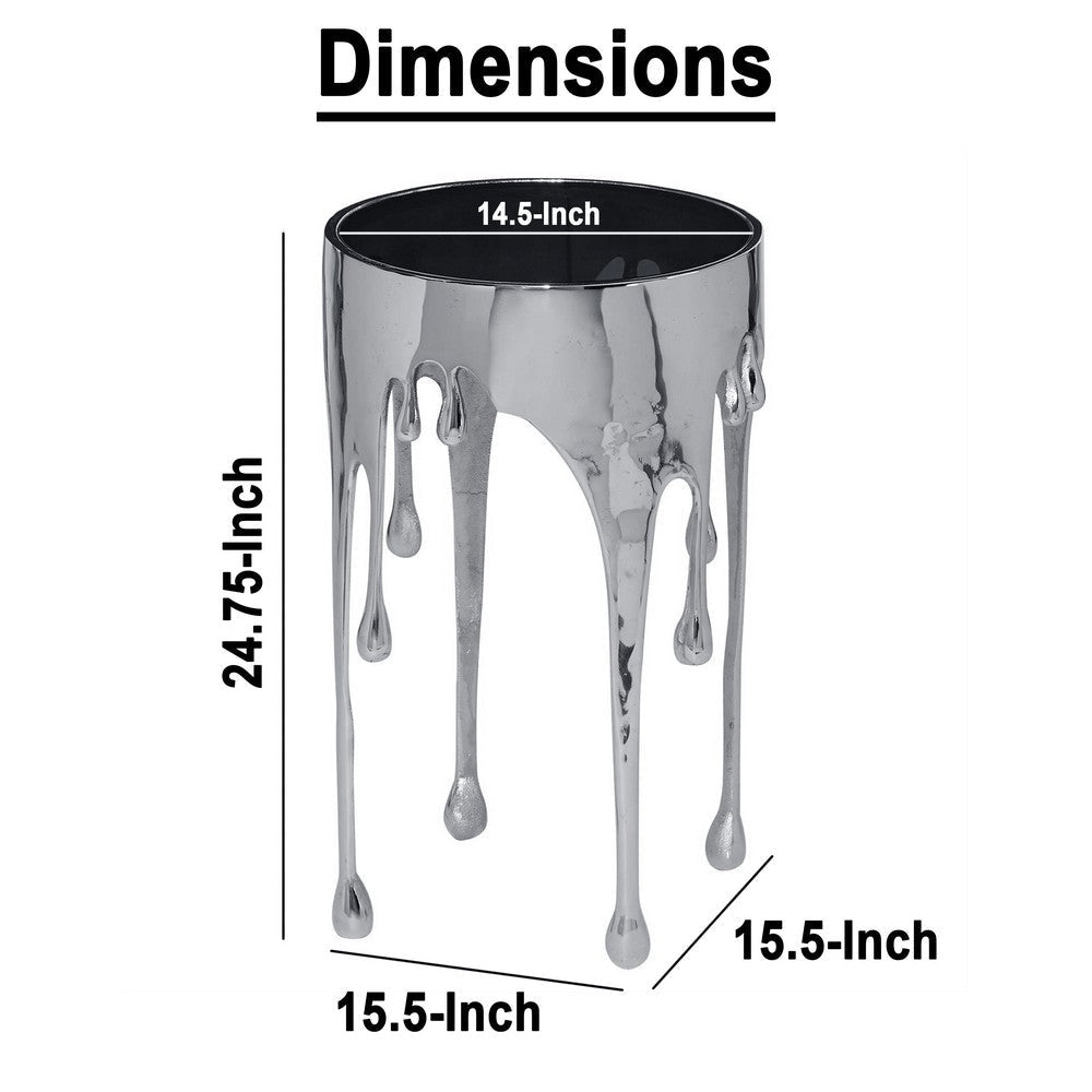 Capri Side End Table | 24.75 Inch Round Glass Top | Melting Drip Design | Silver By The Urban Port UPT-332446