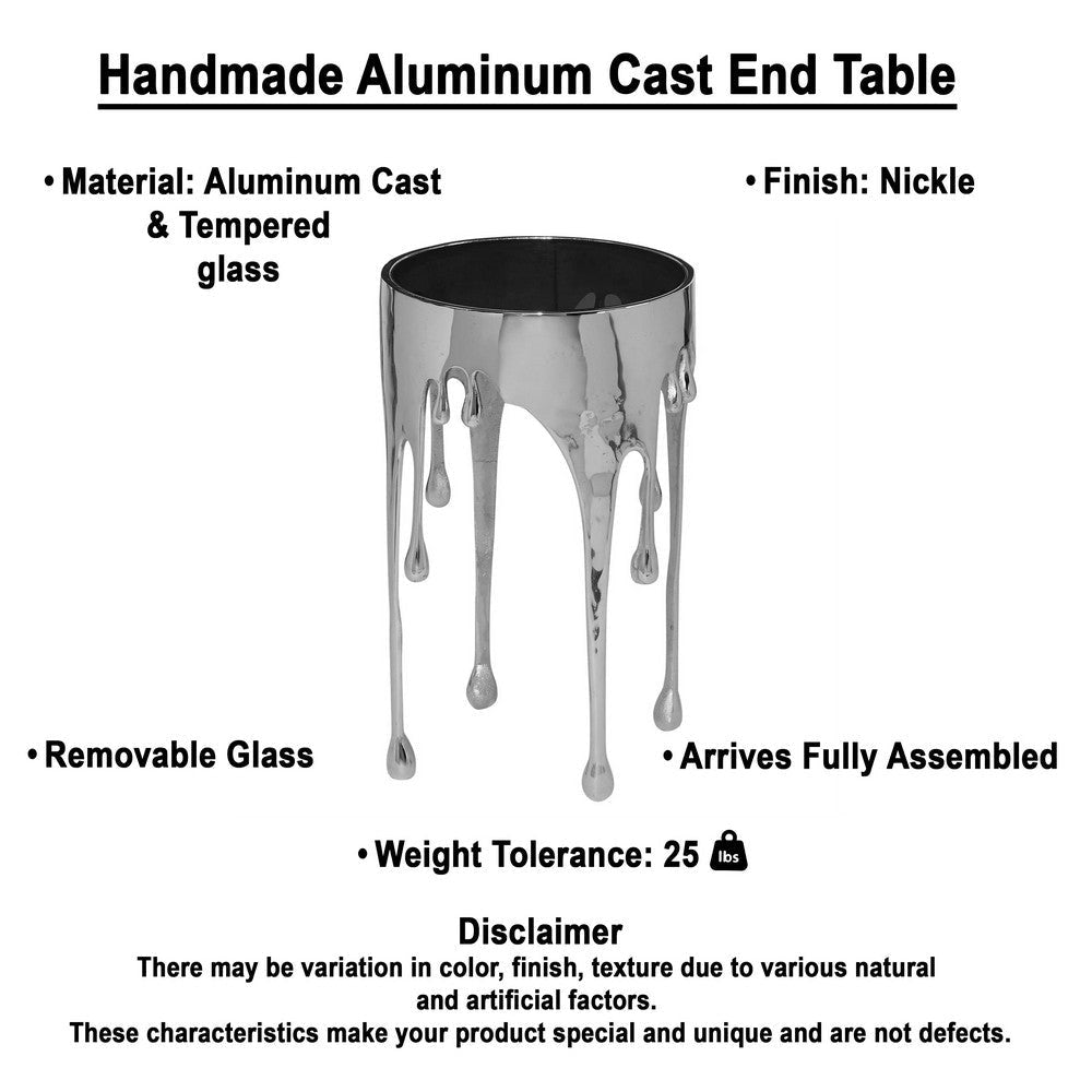 Capri Side End Table | 24.75 Inch Round Glass Top | Melting Drip Design | Silver By The Urban Port UPT-332446