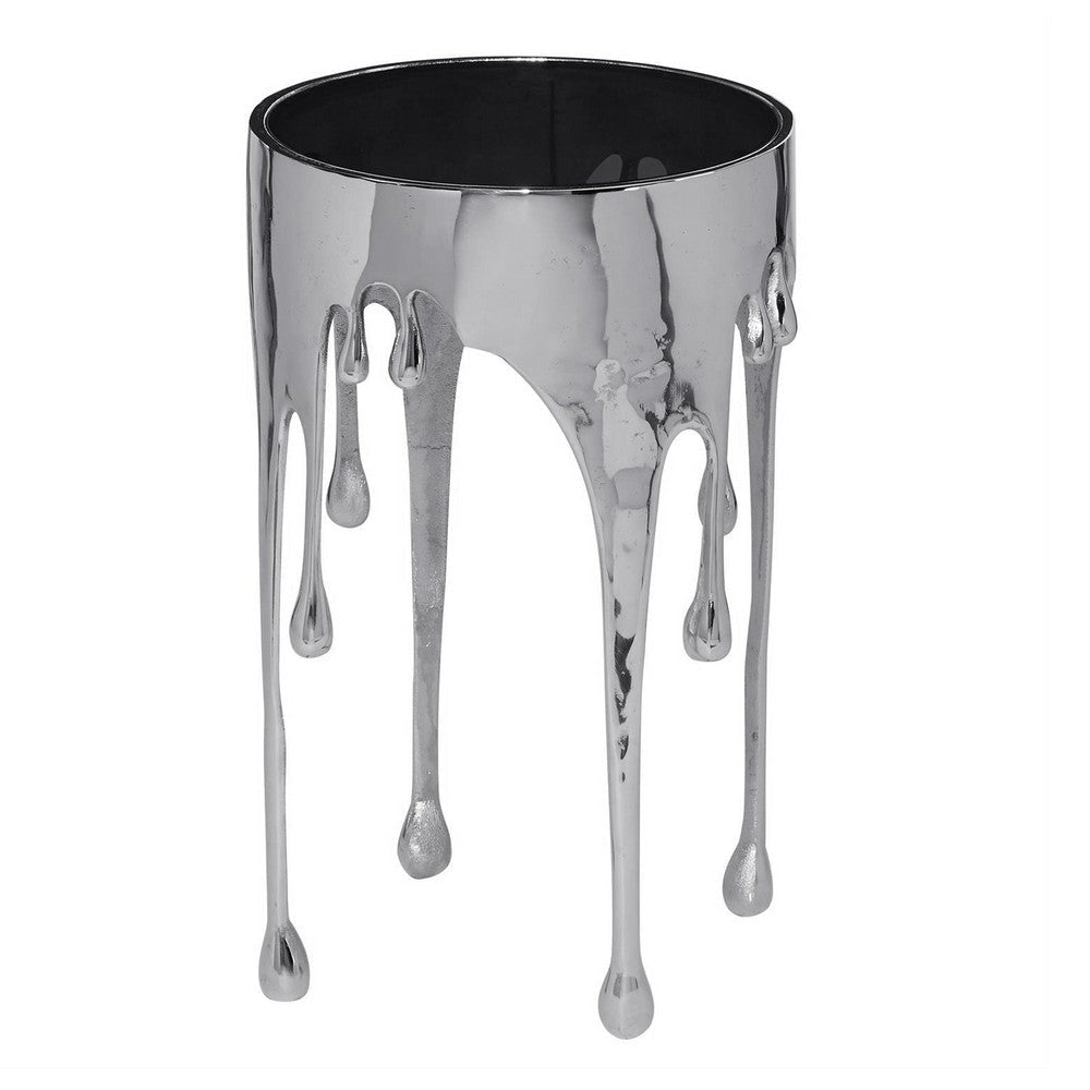 Capri Side End Table | 24.75 Inch Round Glass Top | Melting Drip Design | Silver By The Urban Port UPT-332446