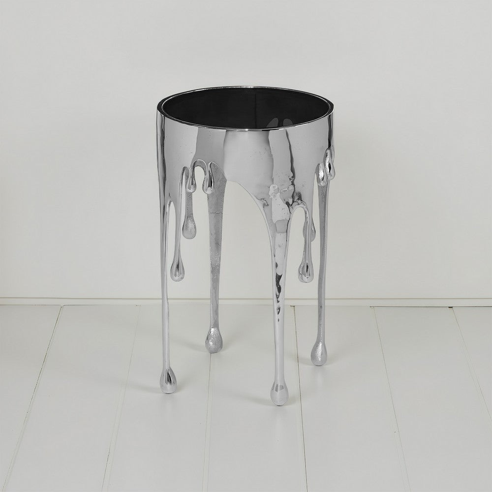 Capri Side End Table | 24.75 Inch Round Glass Top | Melting Drip Design | Silver By The Urban Port UPT-332446