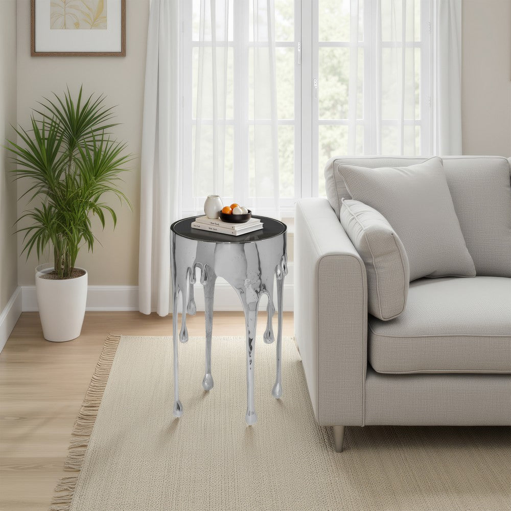 Capri Side End Table | 24.75 Inch Round Glass Top | Melting Drip Design | Silver By The Urban Port UPT-332446