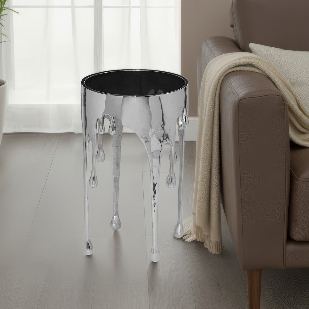Capri Side End Table | 24.75 Inch Round Glass Top | Melting Drip Design | Silver By The Urban Port