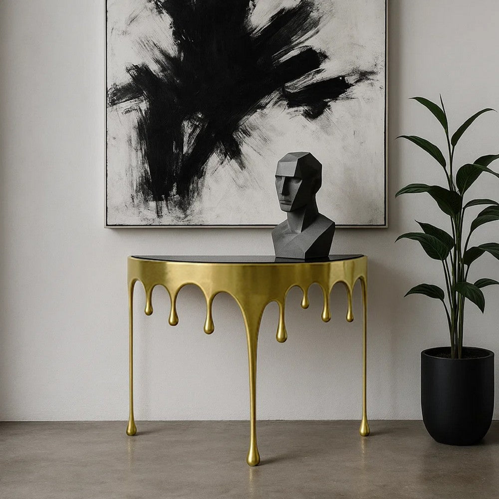 Capri Console Table | Melting Drip Design | Black Glass Top | Gold By The Urban Port UPT-332447