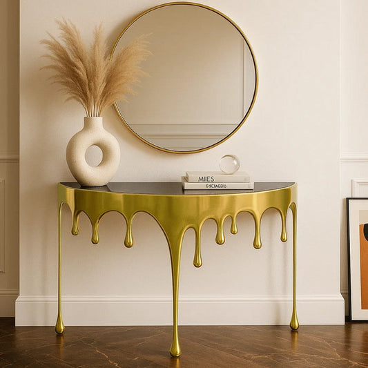 Capri Console Table | Melting Drip Design | Black Glass Top | Gold By The Urban Port
