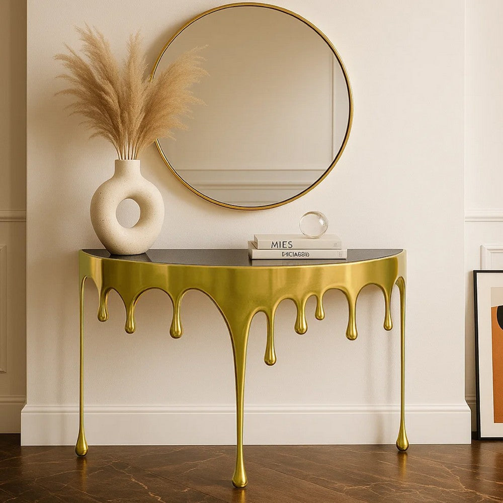 Capri Console Table | Melting Drip Design | Black Glass Top | Gold By The Urban Port