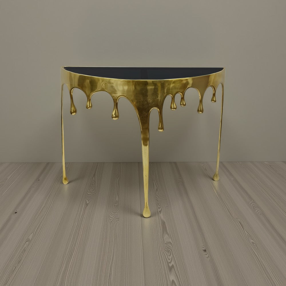Capri Console Table | Melting Drip Design | Black Glass Top | Gold By The Urban Port UPT-332447