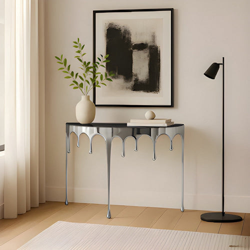 Capri Console Table | Melting Drip Design | Black Glass Top | Silver By The Urban Port