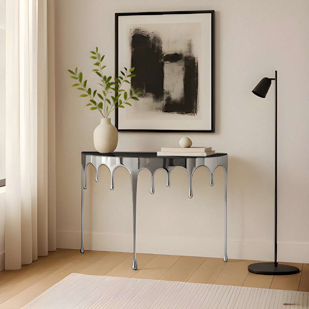 Capri Console Table | Melting Drip Design | Black Glass Top | Silver By The Urban Port