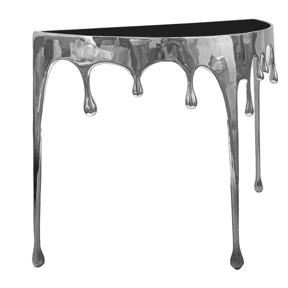 Capri Console Table | Melting Drip Design | Black Glass Top | Silver By The Urban Port UPT-332448