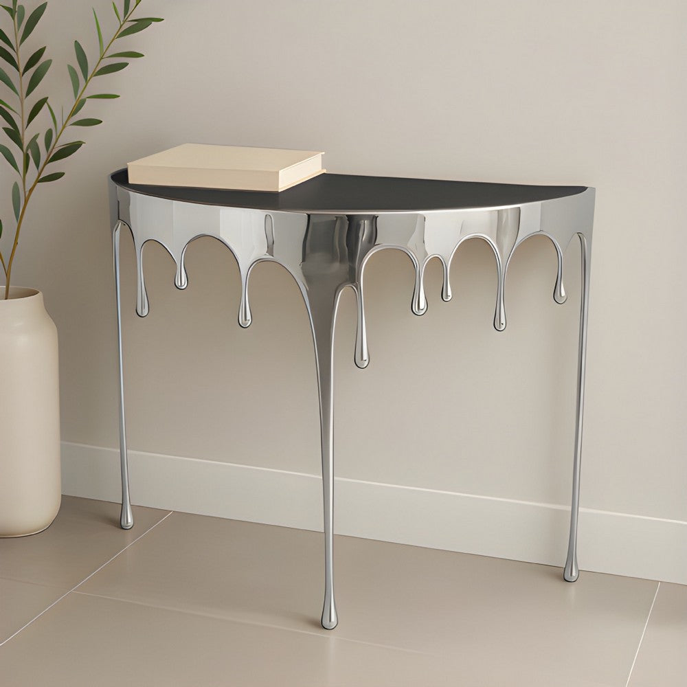 Capri Console Table | Melting Drip Design | Black Glass Top | Silver By The Urban Port UPT-332448