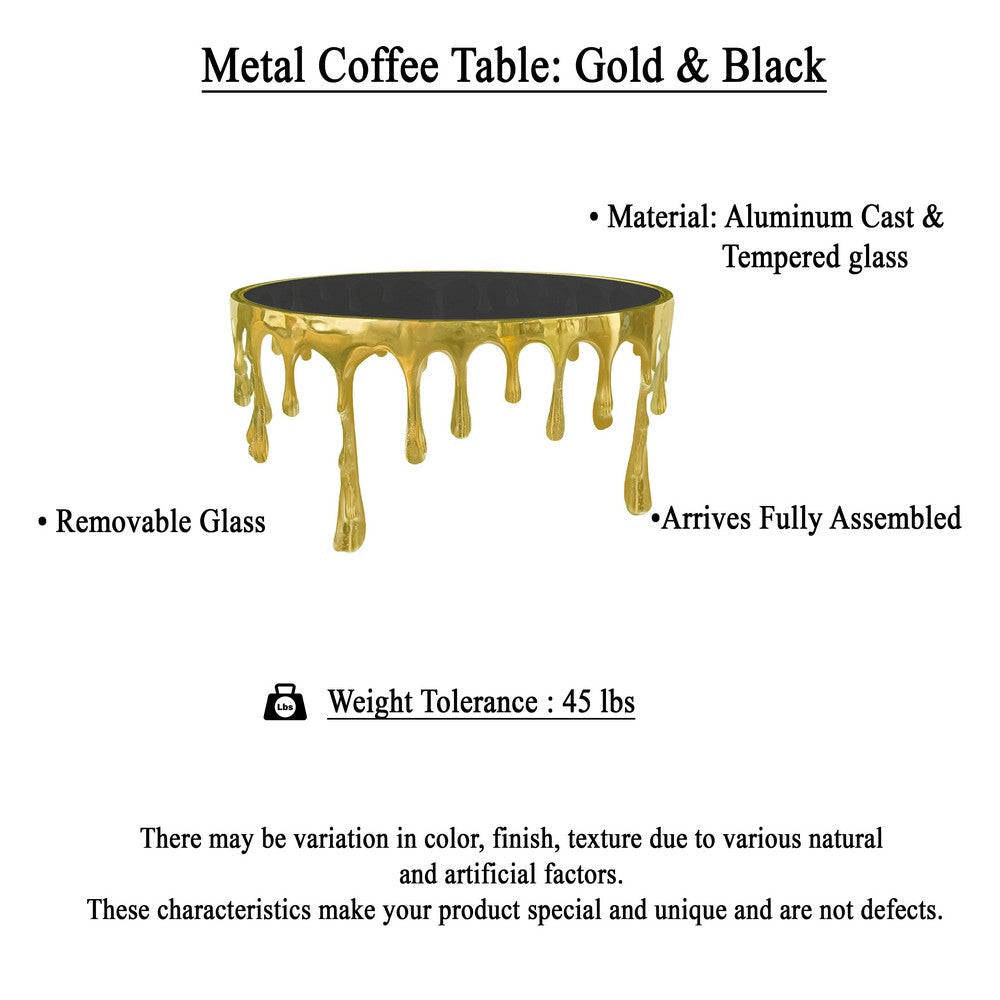 Capri Coffee Table | 36 Inch Round Glass Top | Melting Drip Design | Antique Gold By The Urban Port UPT-332449