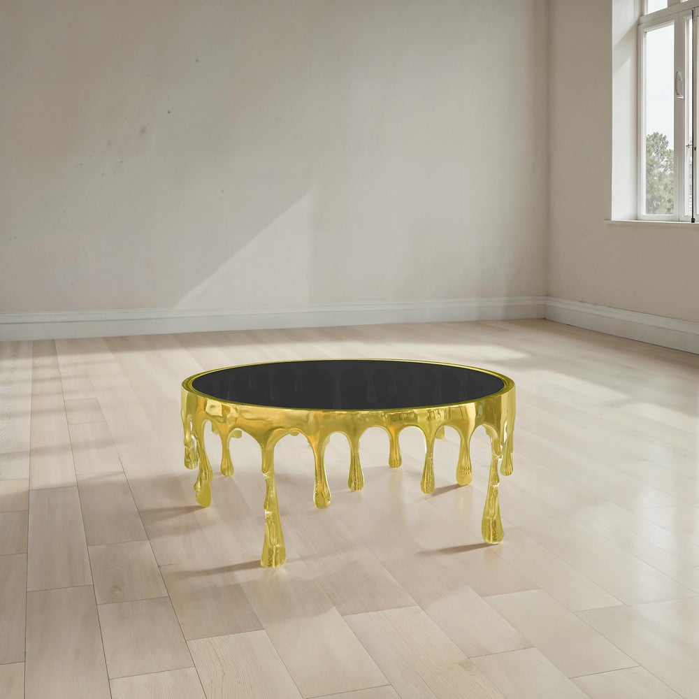 Capri Coffee Table | 36 Inch Round Glass Top | Melting Drip Design | Antique Gold By The Urban Port UPT-332449