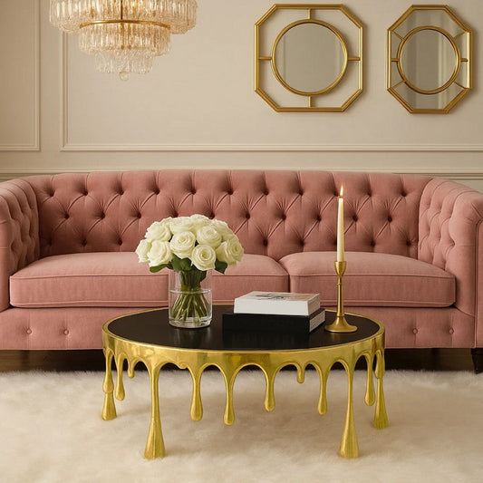 Capri Coffee Table | 36 Inch Round Glass Top | Melting Drip Design | Antique Gold By The Urban Port