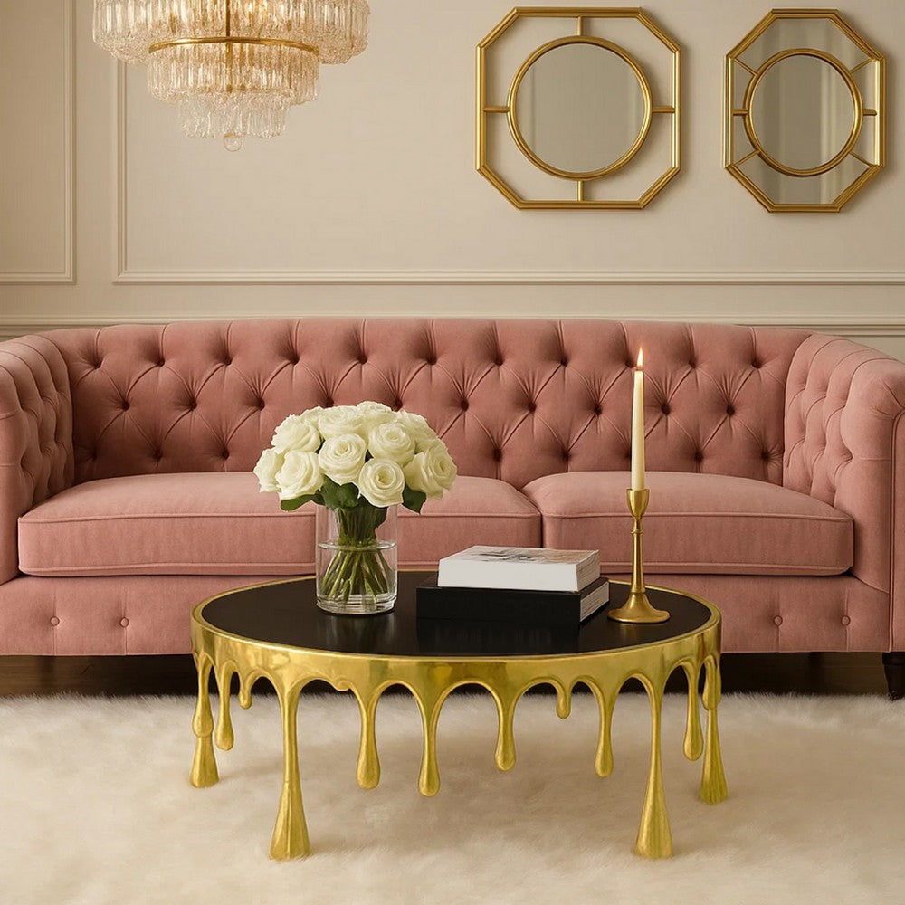 Capri Coffee Table | 36 Inch Round Glass Top | Melting Drip Design | Antique Gold By The Urban Port