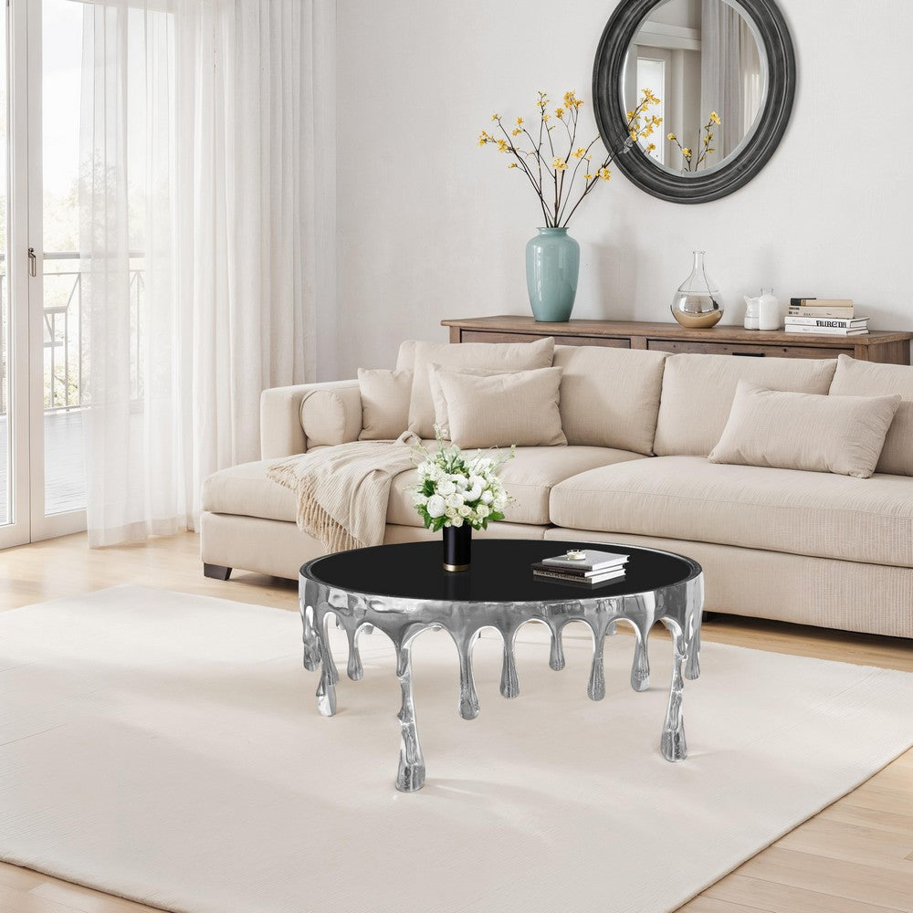 Capri Coffee Table | 36 Inch Round Glass Top | Melting Drip Design | Silver By The Urban Port UPT-332450