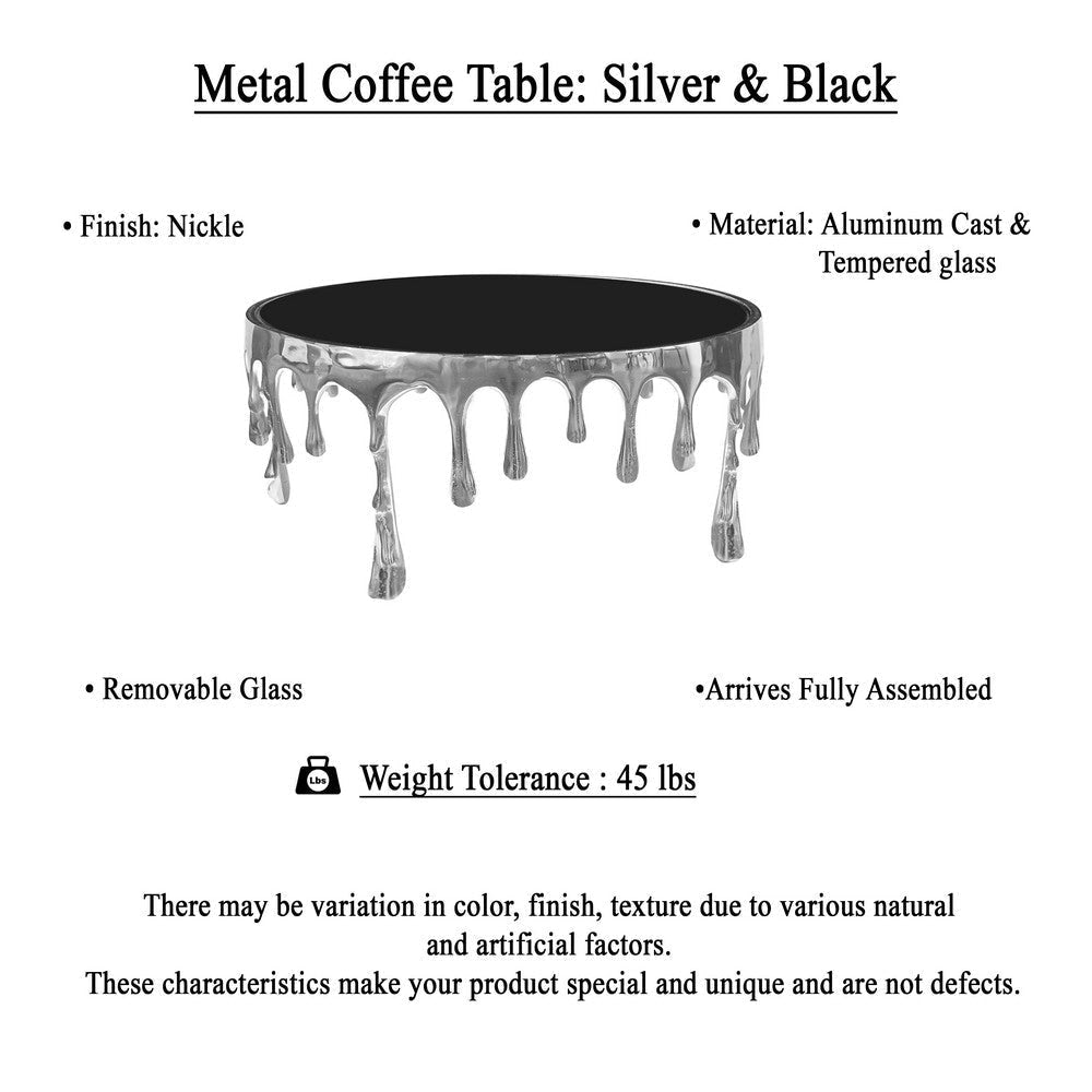 Capri Coffee Table | 36 Inch Round Glass Top | Melting Drip Design | Silver By The Urban Port UPT-332450