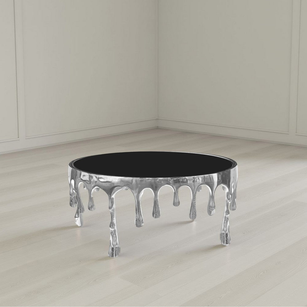 Capri Coffee Table | 36 Inch Round Glass Top | Melting Drip Design | Silver By The Urban Port UPT-332450