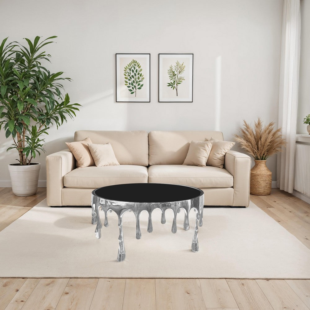 Capri Coffee Table | 36 Inch Round Glass Top | Melting Drip Design | Silver By The Urban Port