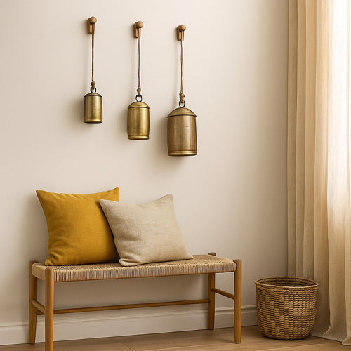 Zaira Decorative Iron Cow Bells Set of 3 | Cylindrical | Antique Gold Finish| Jute Hanging Rope | 20, 15, 12 Inches By The Urban Port