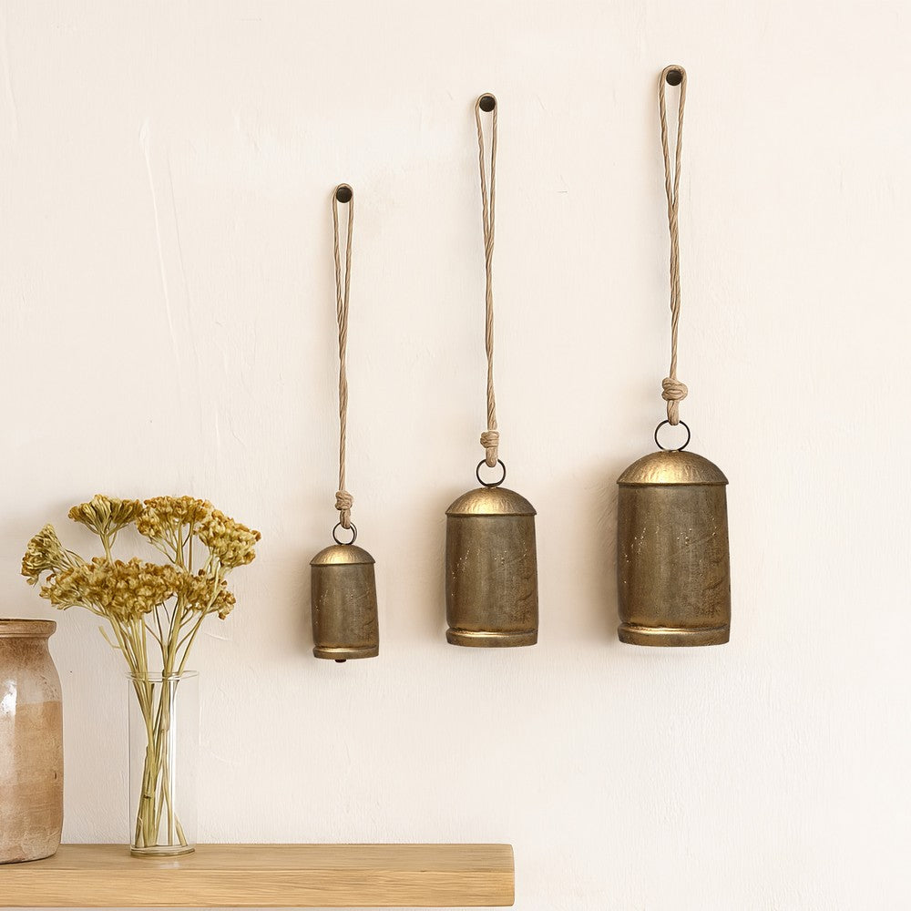 Zaira Decorative Iron Cow Bells Set of 3 | Cylindrical | Antique Gold Finish| Jute Hanging Rope | 20, 15, 12 Inches By The Urban Port