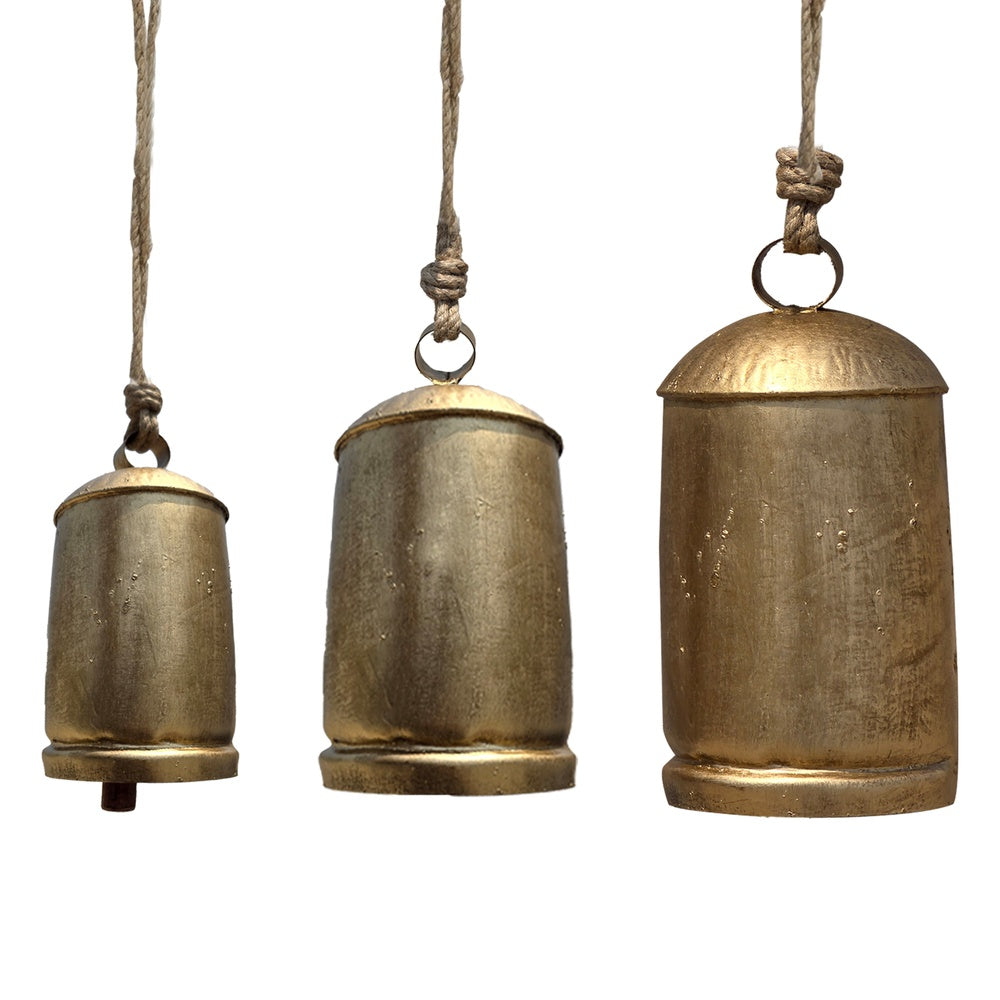 Zaira Decorative Iron Cow Bells Set of 3 | Cylindrical | Antique Gold Finish| Jute Hanging Rope | 20, 15, 12 Inches By The Urban Port