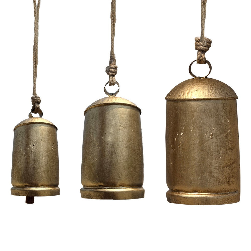 Zaira Decorative Iron Cow Bells Set of 3 | Cylindrical | Antique Gold Finish| Jute Hanging Rope | 20, 15, 12 Inches By The Urban Port