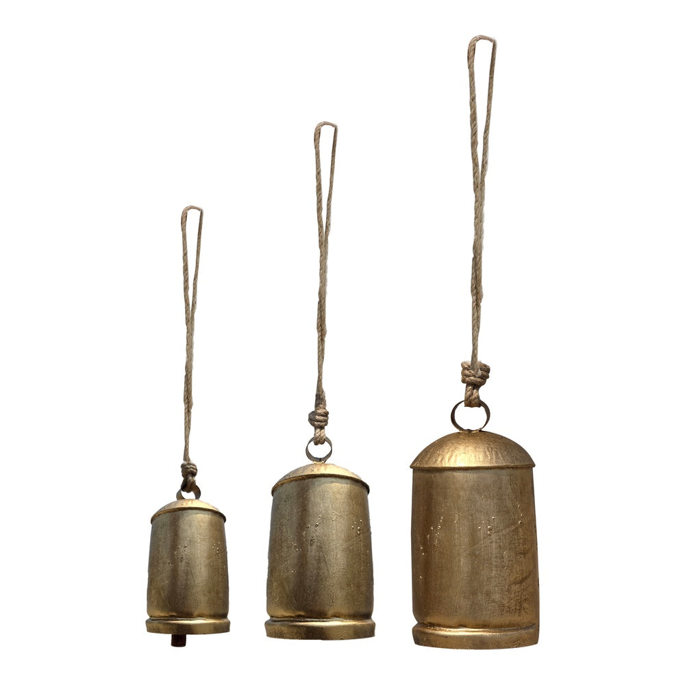 Zaira Decorative Iron Cow Bells Set of 3 | Cylindrical | Antique Gold Finish| Jute Hanging Rope | 20, 15, 12 Inches By The Urban Port