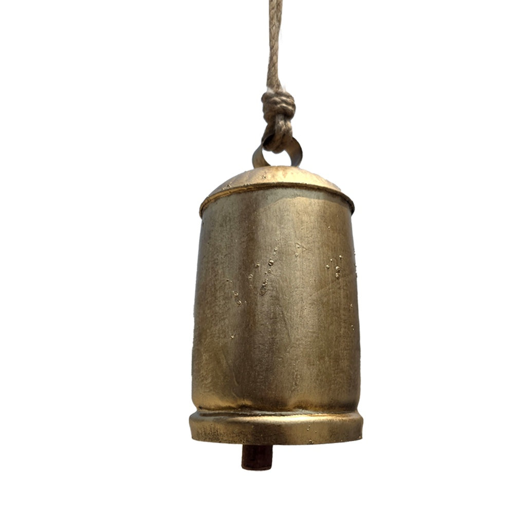 Zaira Decorative Iron Cow Bells Set of 3 | Cylindrical | Antique Gold Finish| Jute Hanging Rope | 20, 15, 12 Inches By The Urban Port