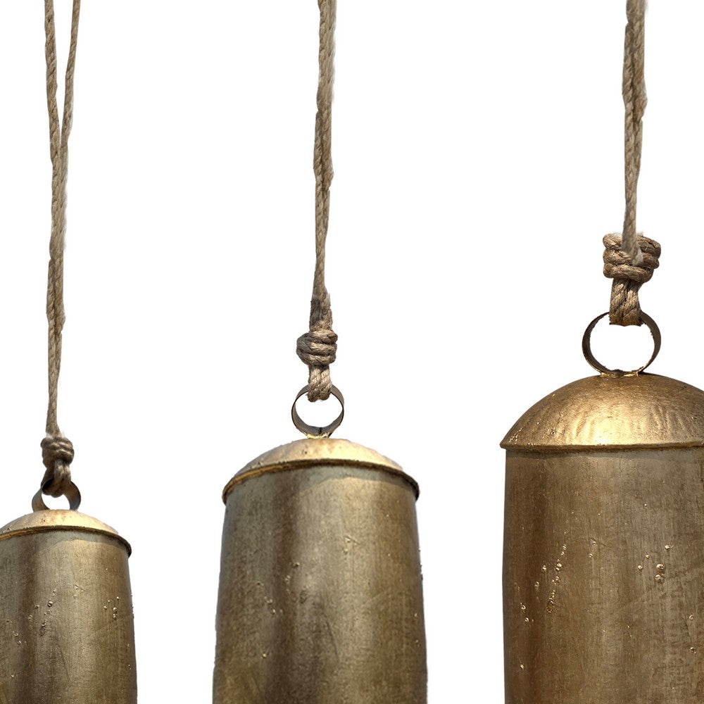 Zaira Decorative Iron Cow Bells Set of 3 | Cylindrical | Antique Gold Finish| Jute Hanging Rope | 20, 15, 12 Inches By The Urban Port