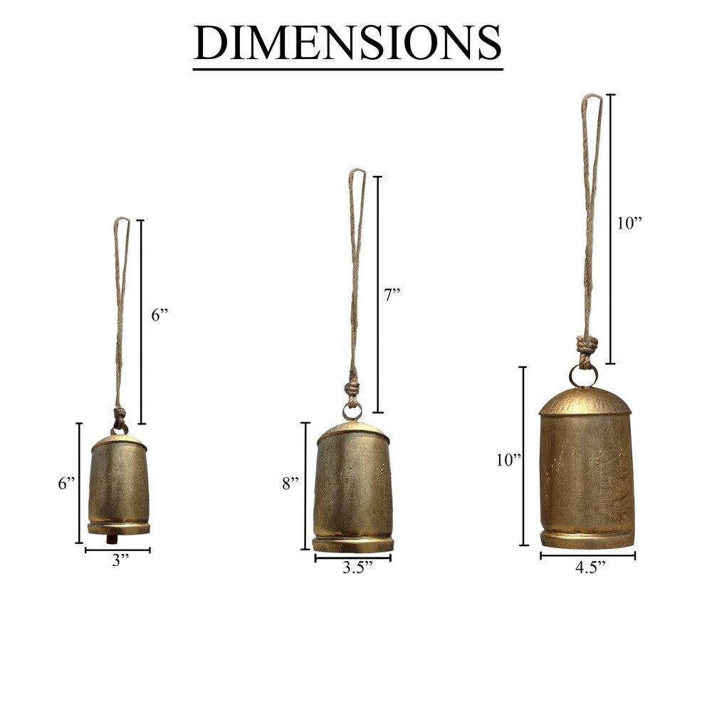 Zaira Decorative Iron Cow Bells Set of 3 | Cylindrical | Antique Gold Finish| Jute Hanging Rope | 20, 15, 12 Inches By The Urban Port