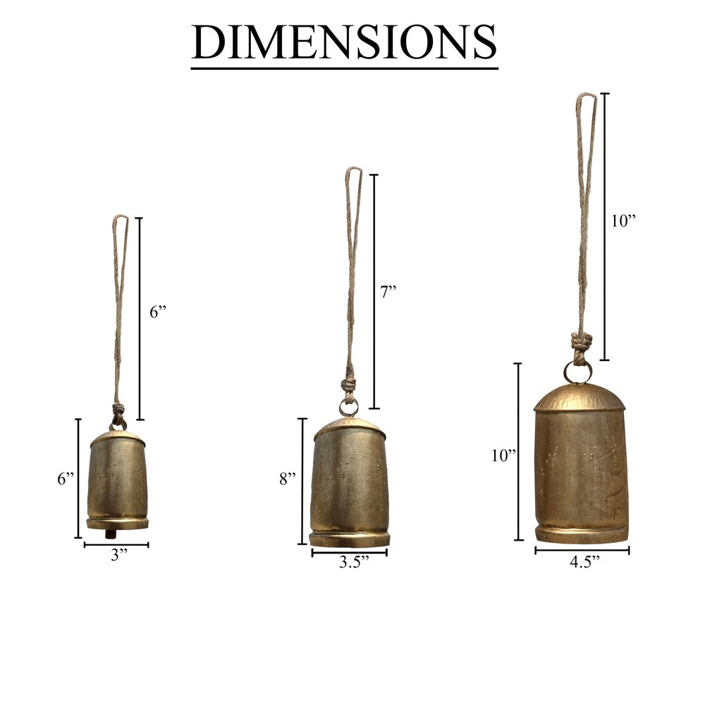 Zaira Decorative Iron Cow Bells Set of 3 | Cylindrical | Antique Gold Finish| Jute Hanging Rope | 20, 15, 12 Inches By The Urban Port