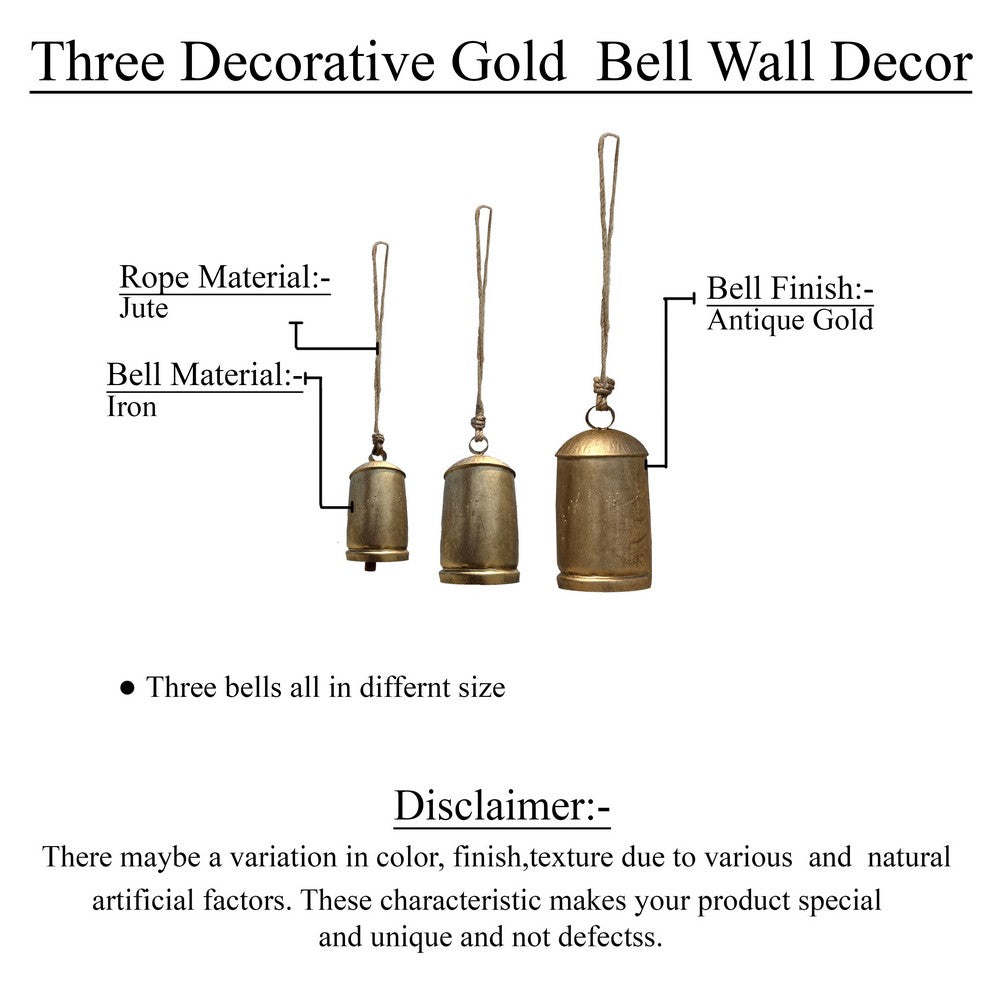 Zaira Decorative Iron Cow Bells Set of 3 | Cylindrical | Antique Gold Finish| Jute Hanging Rope | 20, 15, 12 Inches By The Urban Port