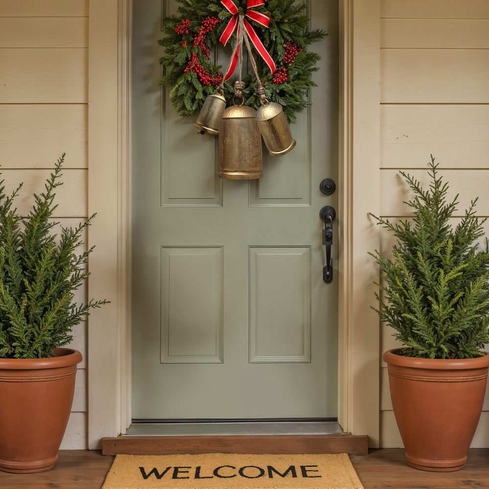 Zaira Decorative Iron Cow Bells Set of 3 | Cylindrical | Antique Gold Finish| Jute Hanging Rope | 20, 15, 12 Inches By The Urban Port