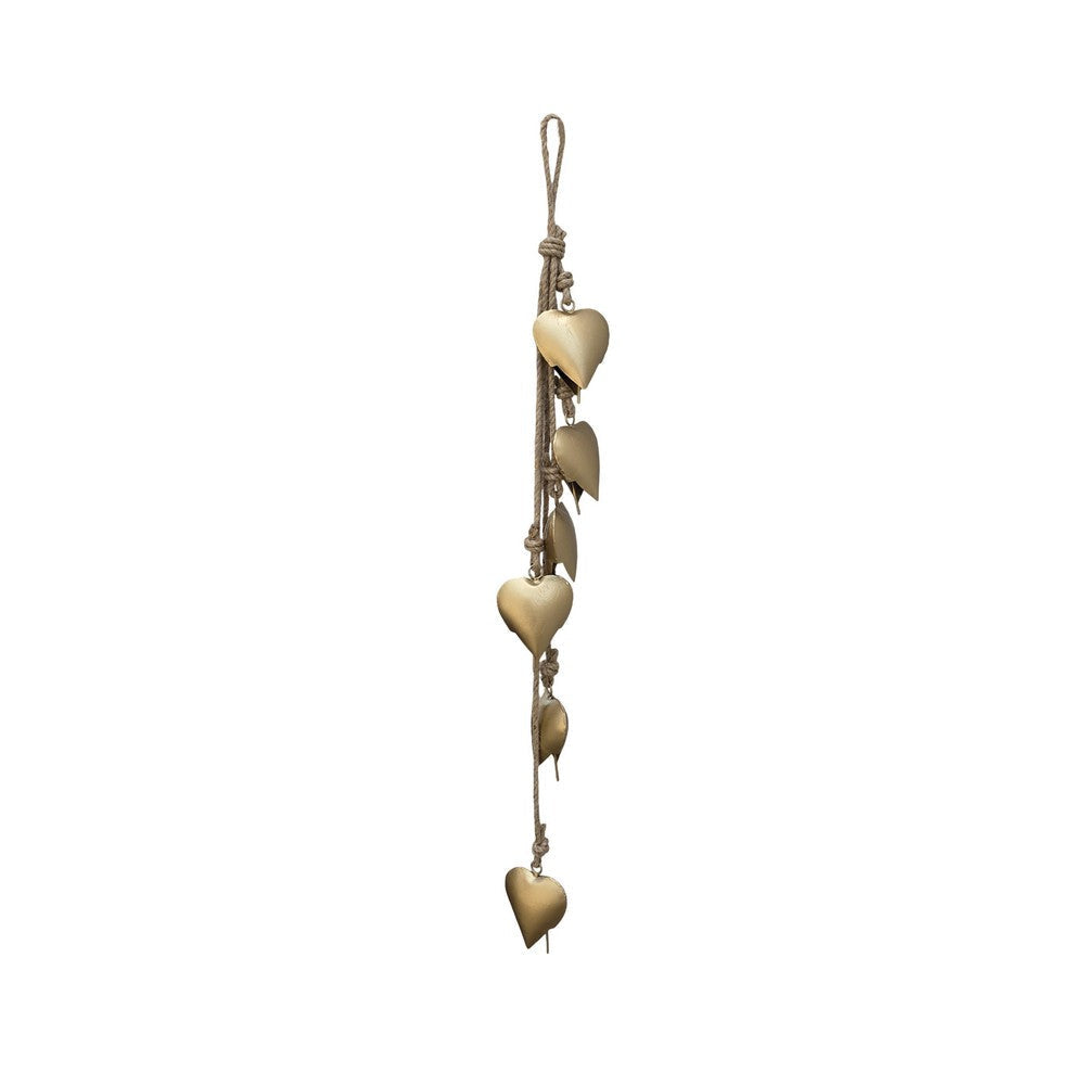 Zema 6 Heart Shape Iron Bells on 35 Inch Jute Hanging Rope Antique Gold Wall Decor - By The Urban Port UPT-332560