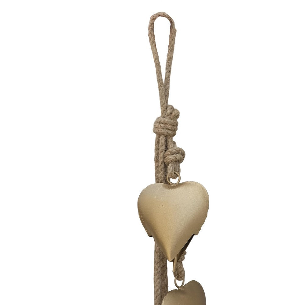 Zema 6 Heart Shape Iron Bells on 35 Inch Jute Hanging Rope Antique Gold Wall Decor - By The Urban Port UPT-332560