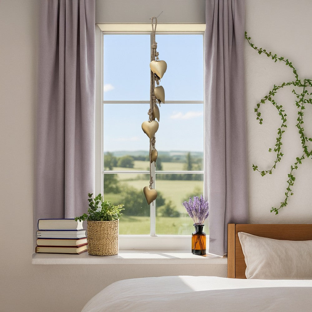 Zema 6 Heart Shape Iron Bells on 35 Inch Jute Hanging Rope Antique Gold Wall Decor - By The Urban Port UPT-332560